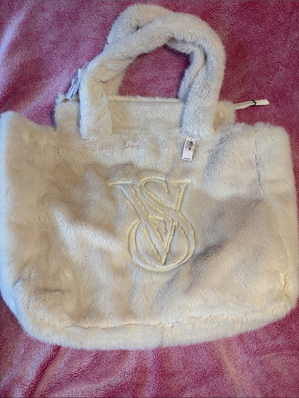 Victoria's Secret Cream Faux Fur Tote with Embroidered Monogram